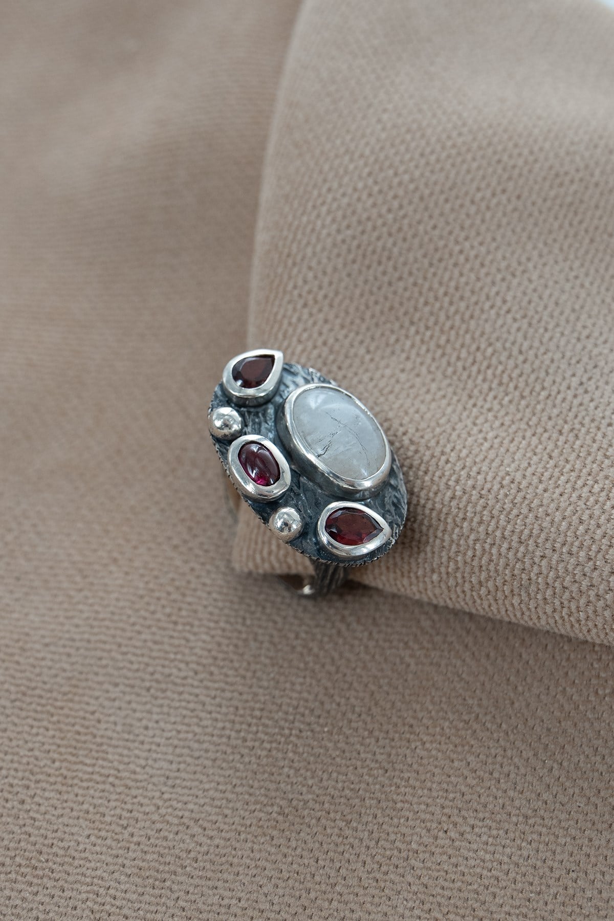 Pietra di Luna & Granato con Pietra Argento Anello