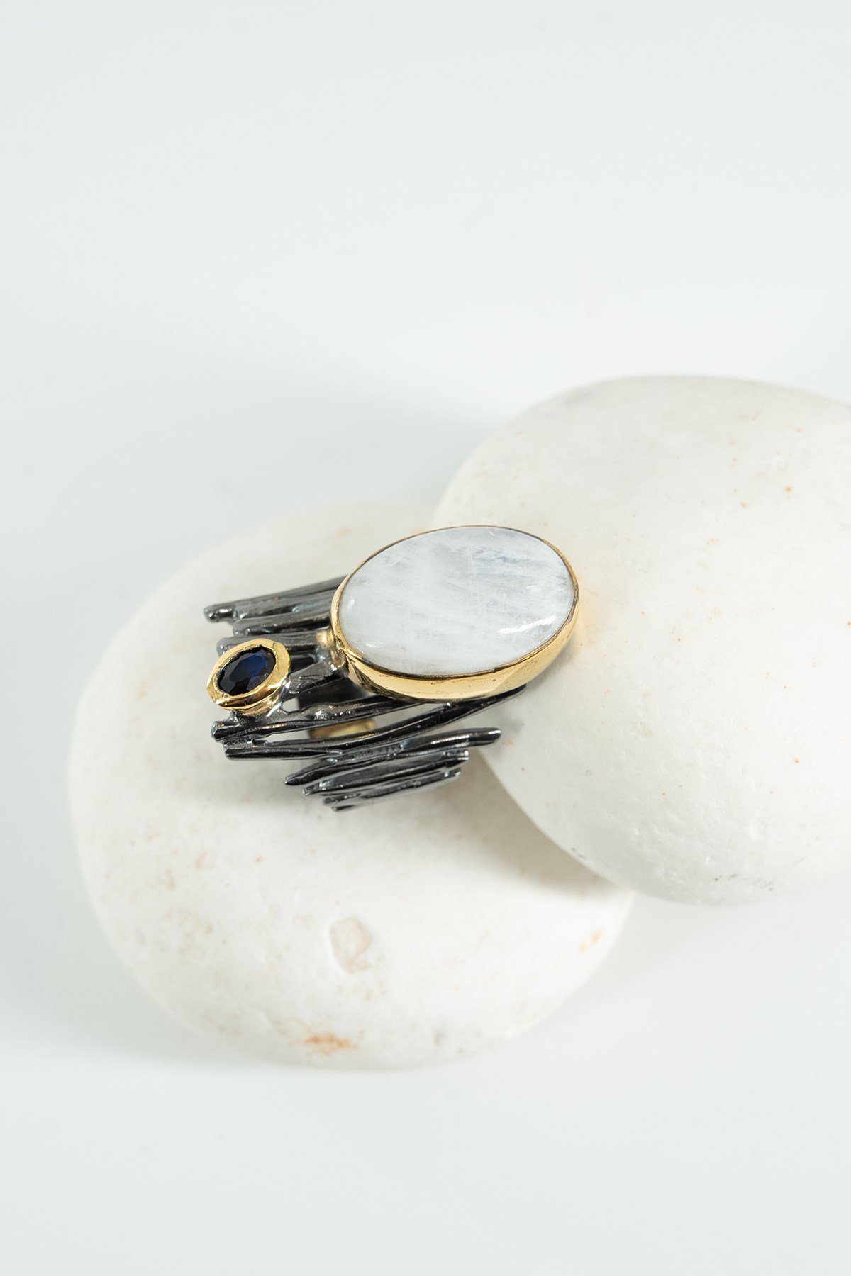 Pietra di Luna & Zaffiro con Pietra Argento Anello