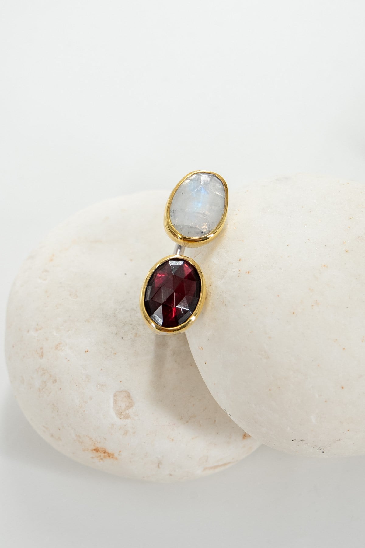 Moonstone, Garnet Taşlı Gümüş Yüzük