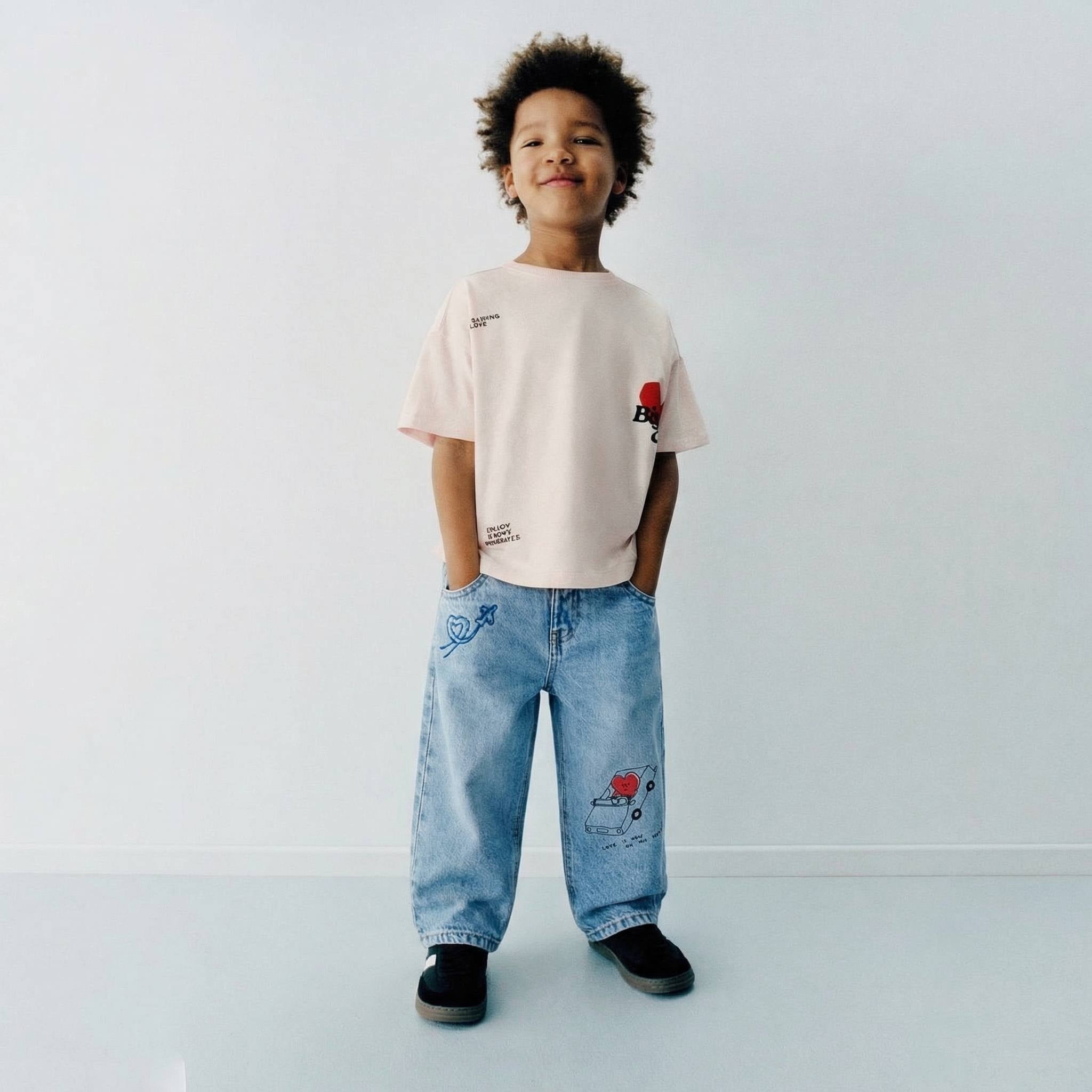 Çocuk Baskılı Baggy Jean Pantolon – Lastikli Bel, Rahat Kalıp, Günlük Kullanım, Modern Tasarım