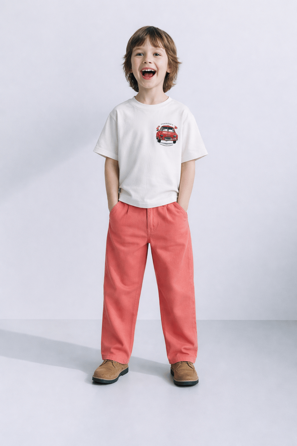 Çocuk Düz Paça Gabardin Pantolon Coral Renk Lastikli Bel Rahat Kalıp Günlük Pantolon