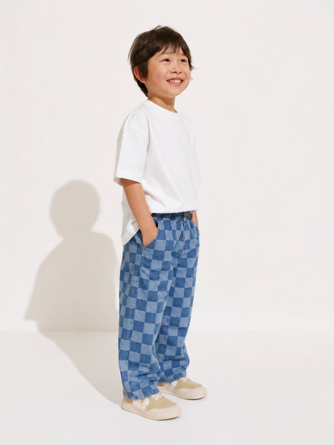 Çocuk Mavi Damalı Baggy Jean Pantolon Lastikli Bel Rahat Kalıp Kot Pantolon