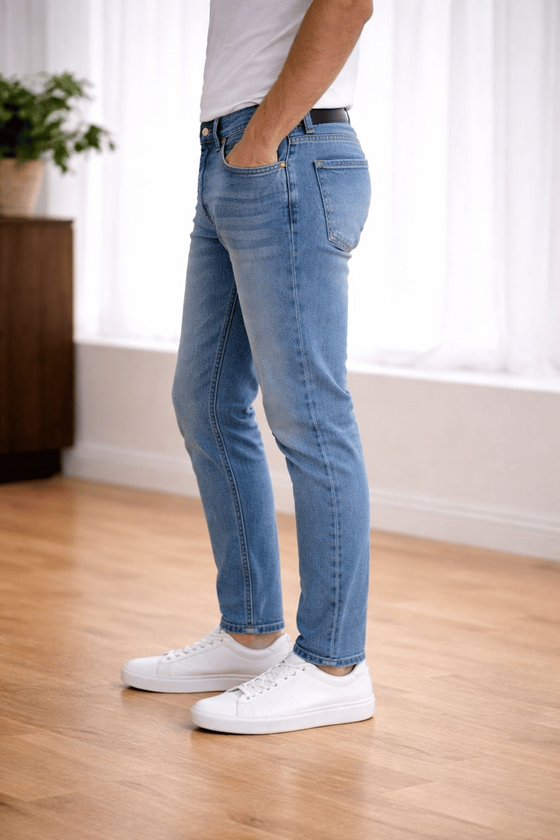 Erkek Açık Mavi Tapered Fit Jean Pantolon – 5 Cepli, Esnek Denim