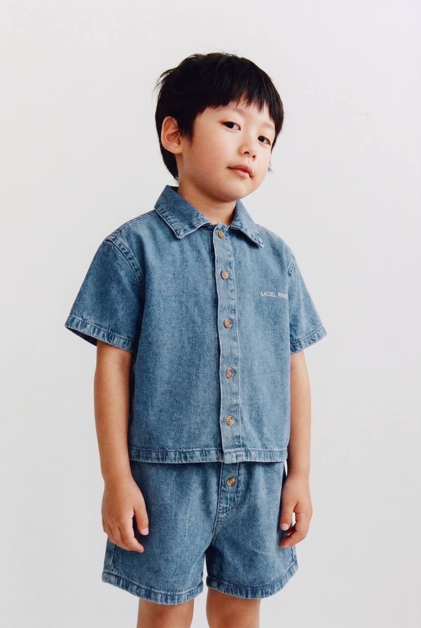 Erkek Çocuk Kot Gömlek Şort Takım Açık Mavi Denim Yazlık İkili Takım