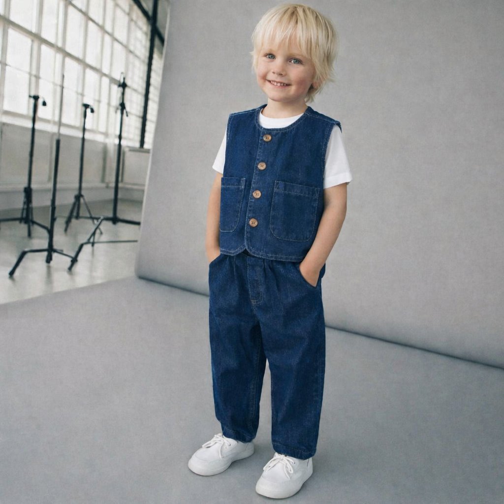 Erkek Çocuk Kot Yelek Pantolon Takım Düğmeli Denim 2'li Takım