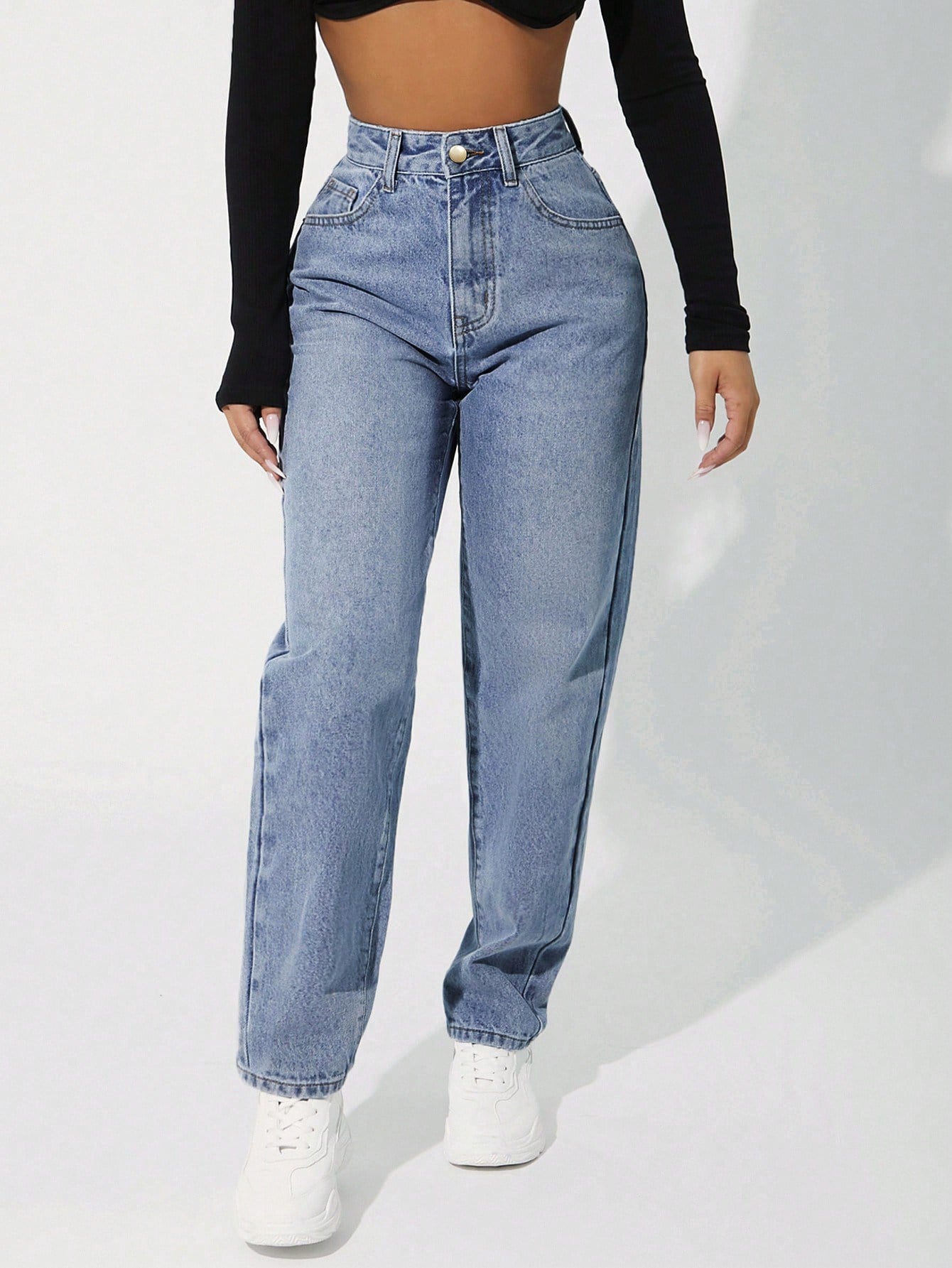 Jeans Kadın Açık Mavi Yüksek Bel Mom Fit Jean Pantolon Rahat Kesim Günlük Denim