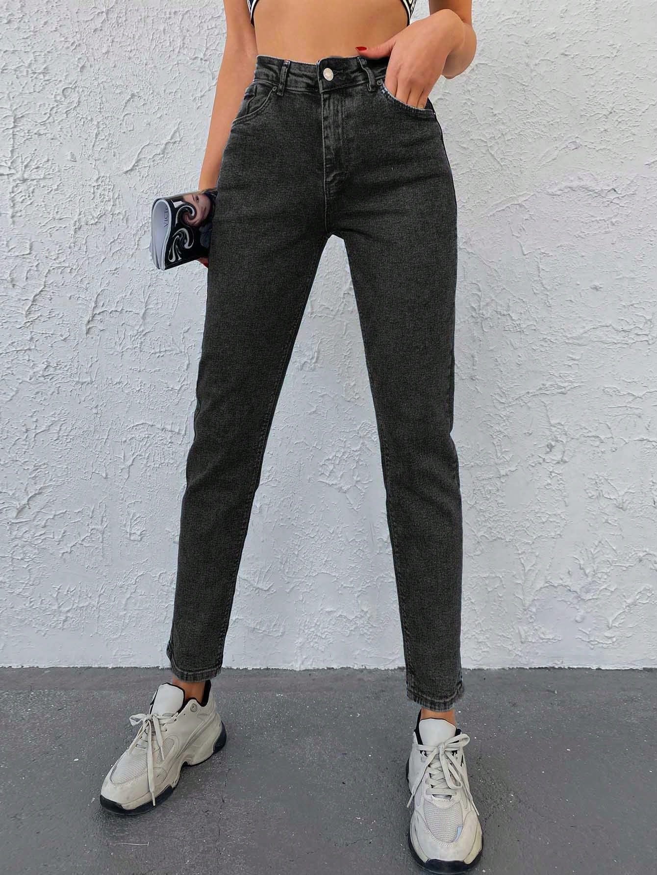 Jeans Kadın Antrasit Yüksek Bel Likralı Slim Fit Jean Pantolon Toparlayıcı Esnek Denim