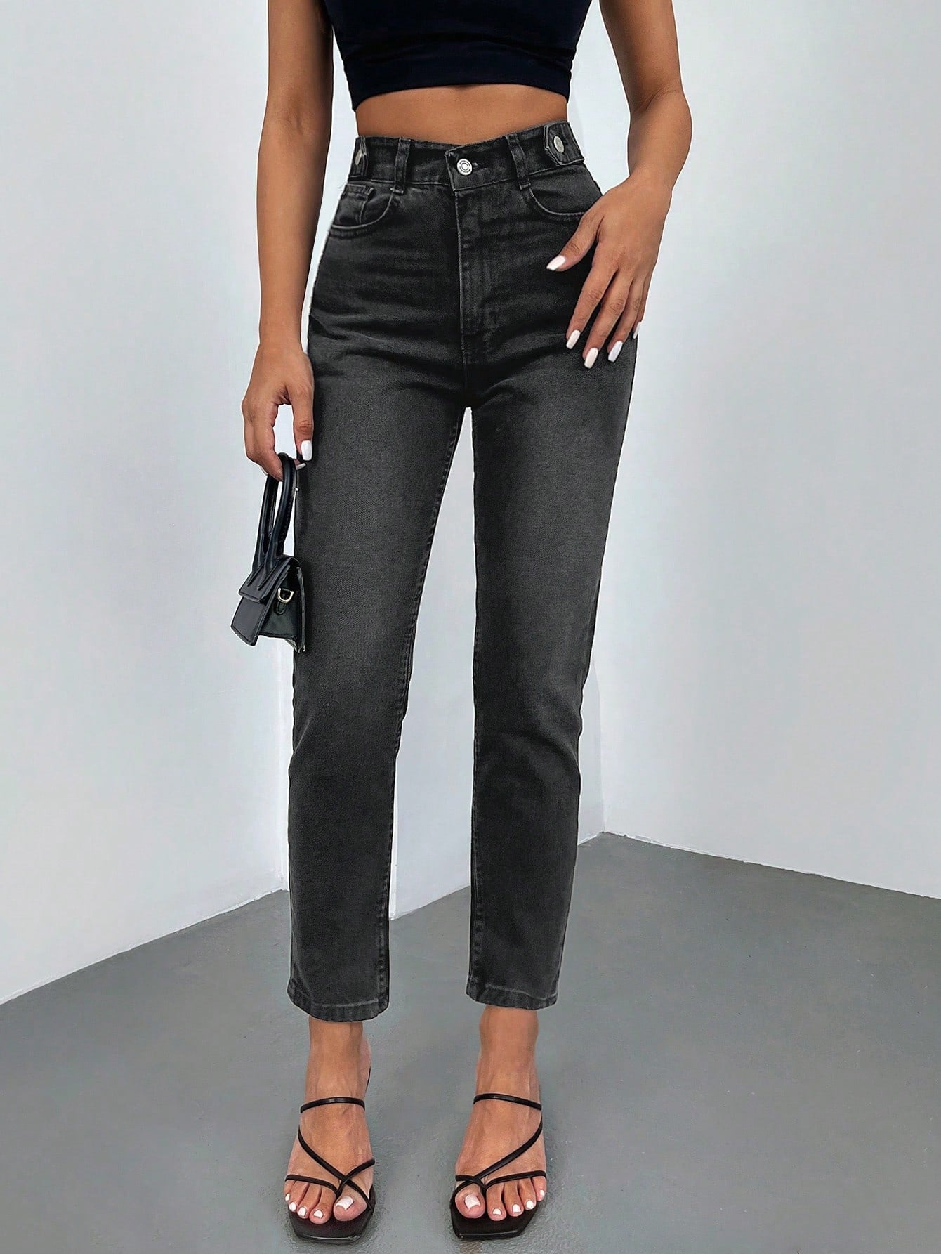 Jeans Kadın Antrasit Yüksek Bel Mom Fit Jean Pantolon Toparlayıcı Rahat Kesim Denim