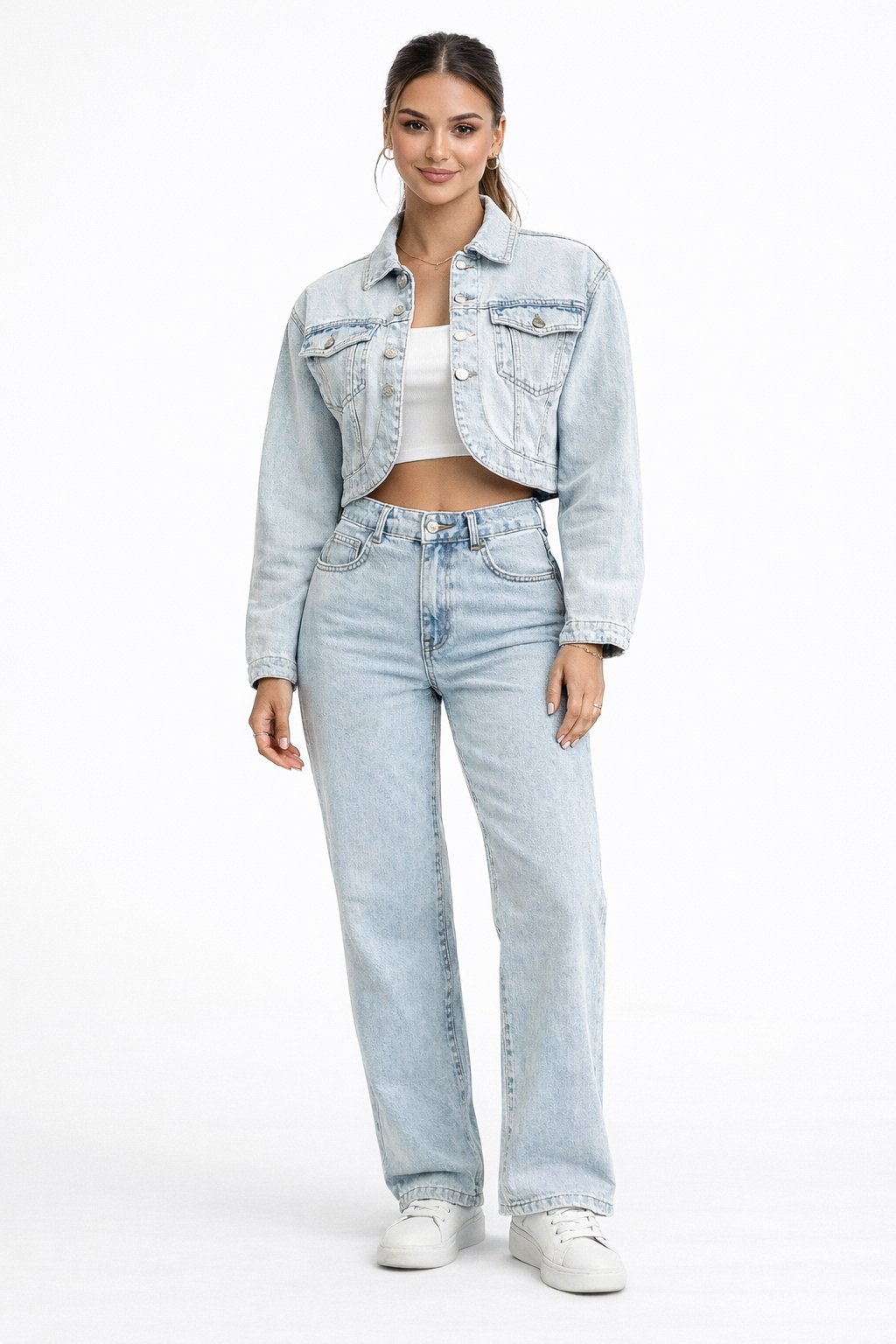 Jeans Kadın Mavi Crop Denim Ceket – Rahat Kalıp Jean Ceket