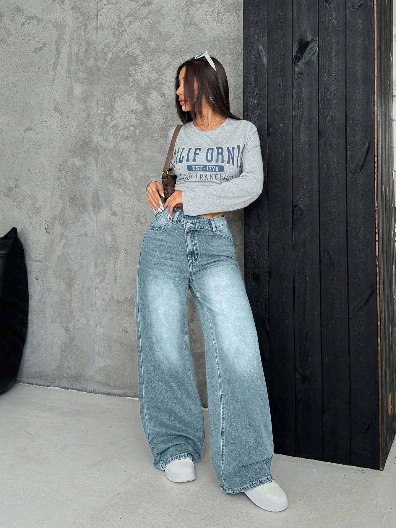Kadın Açık Mavi Yüksek Bel Wide Leg Baggy Jean Pantolon