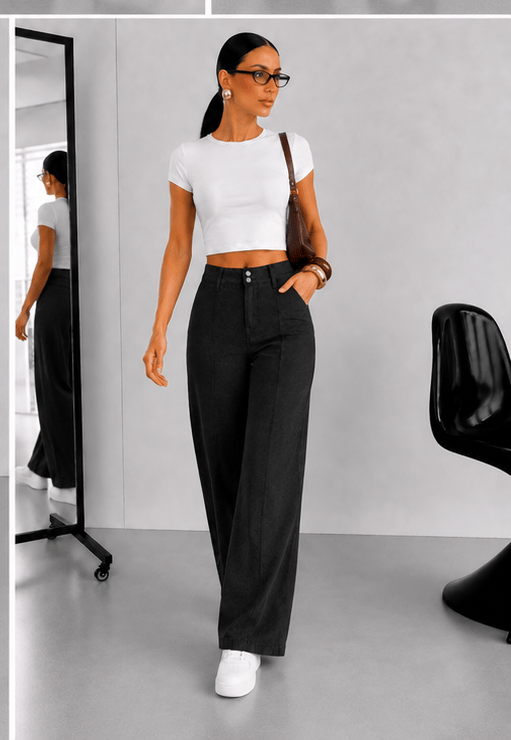 Kadın Siyah Yüksek Bel Geniş Paça Pantolon– Çift Düğmeli Wide Leg Rahat Kalıp