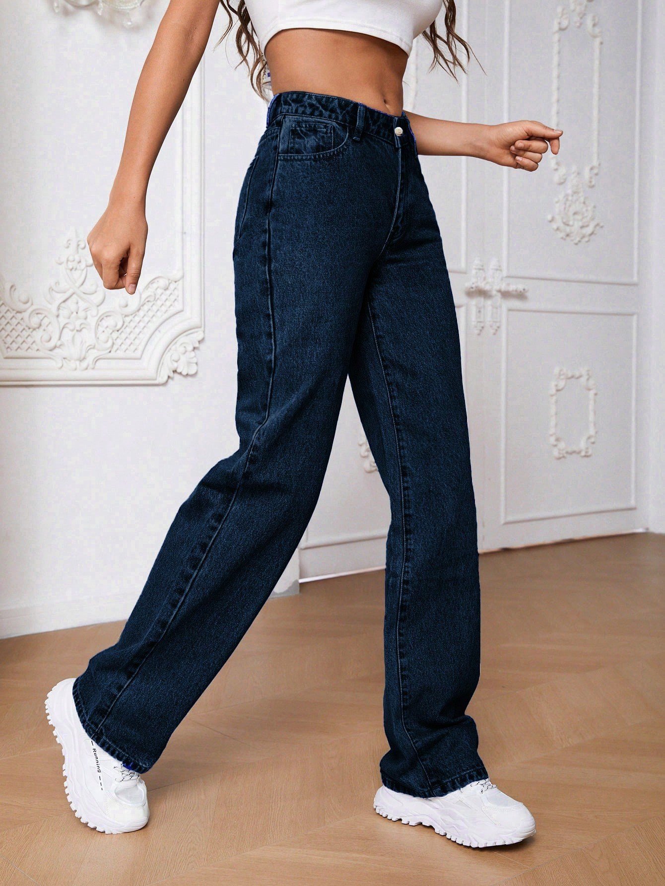 Kadın Yüksek Bel Koyu Mavi Bol Paça Jean — Wide Leg Rahat Kesim Günlük Kot Pantolon