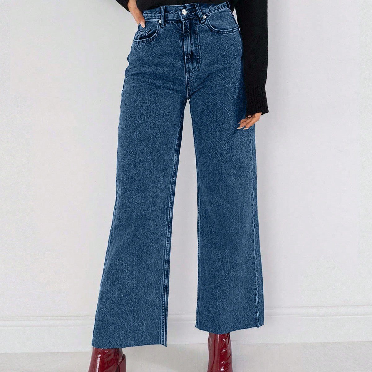 Kadın Yüksek Bel Mavi Cropped Bol Paça Jean — Wide Leg Kısa Paça Rahat Kesim Kot Pantolon