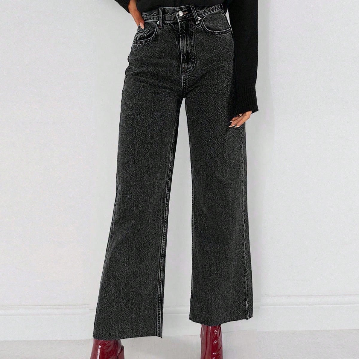 Kadın Yüksek Bel SiYAH Cropped Bol Paça Jean — Wide Leg Kısa Paça Rahat Kesim Kot Pantolon