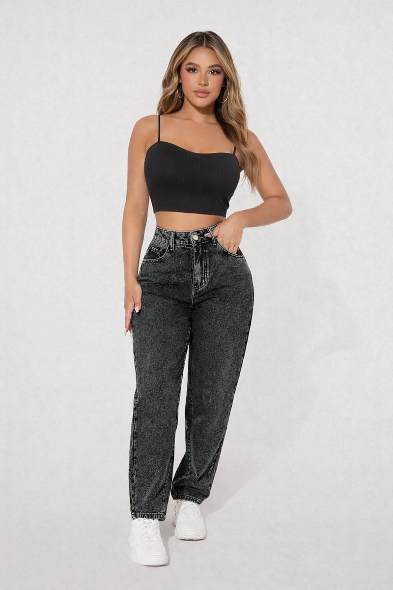 Kadın Yüksek Bel Straight Fit Siyah Yıkamalı Jean Pantolon