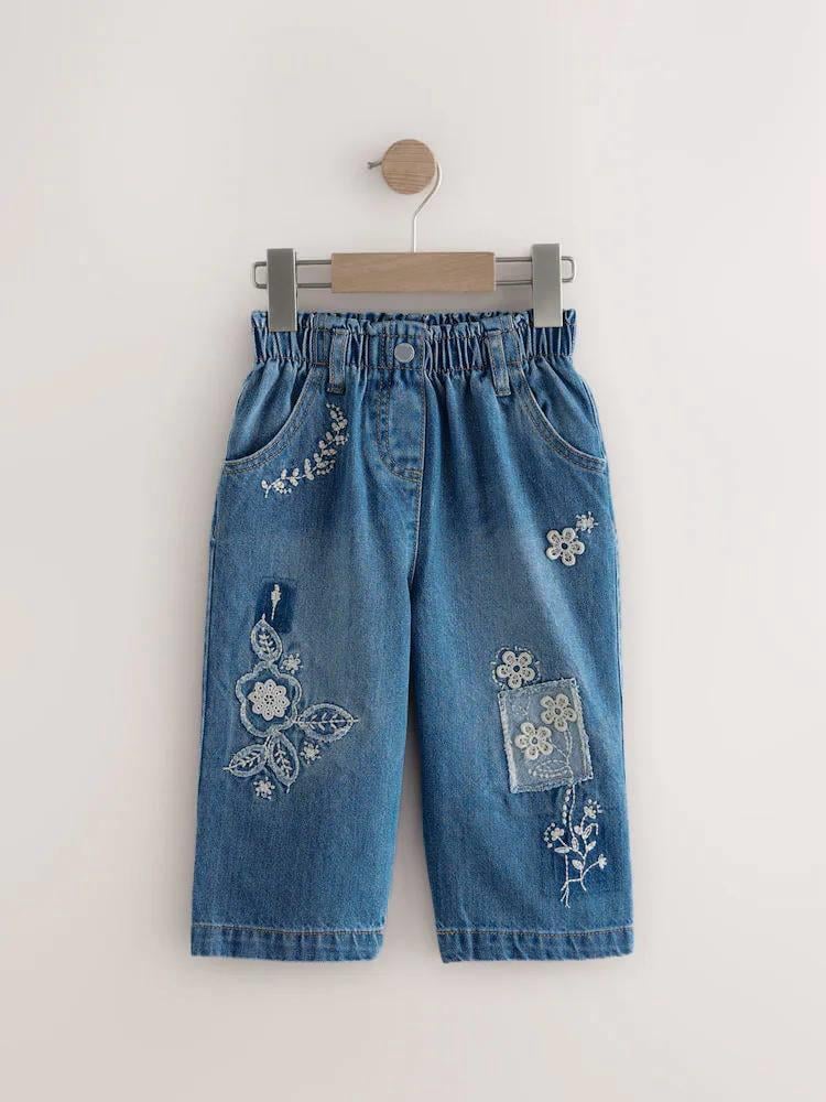 Kız Çocuk Çiçek Nakışlı Geniş Paça Denim Pantolon