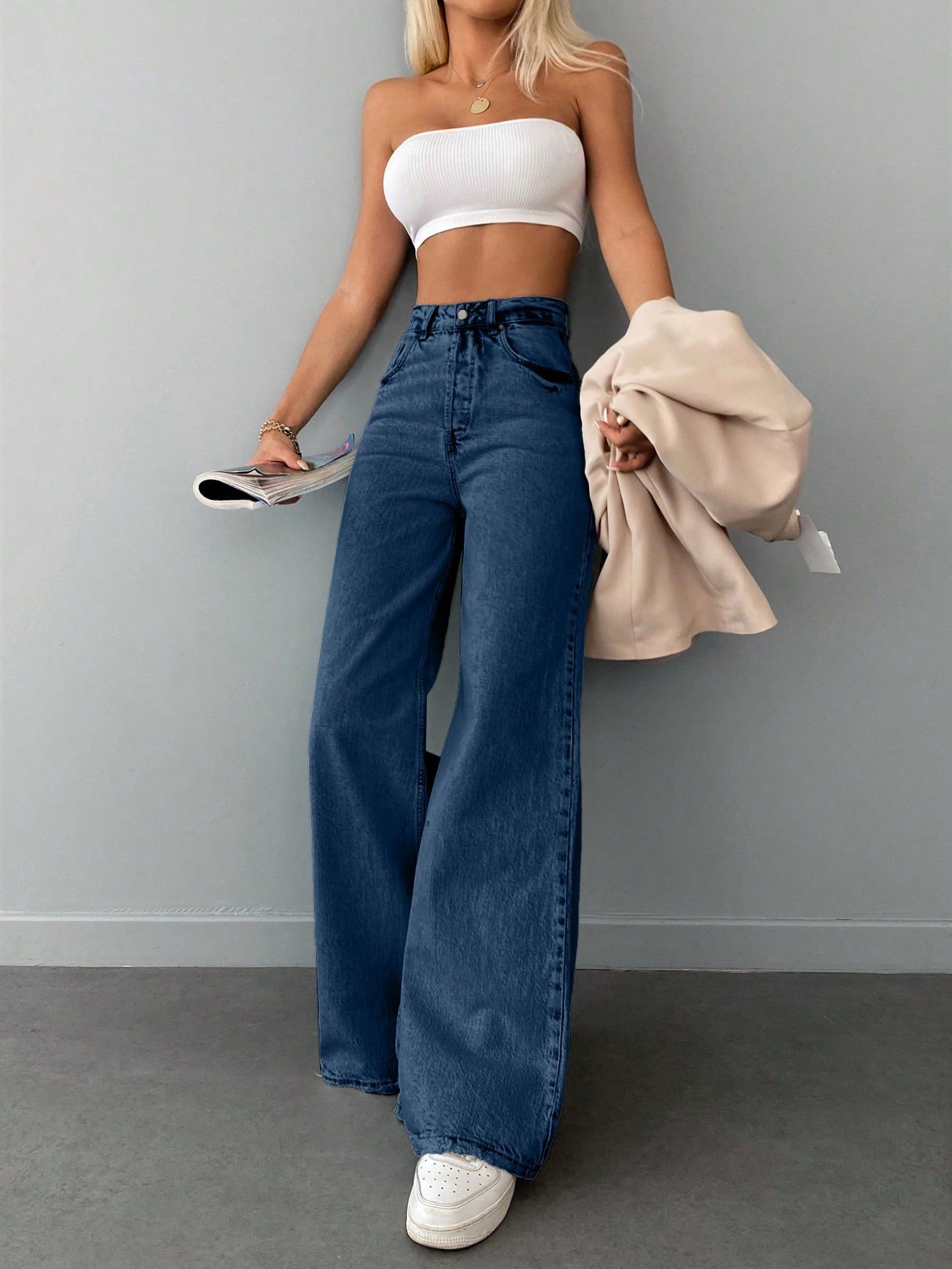 Yüksek Bel Mavi Denim Bol Paça Kadın Jean Pantolon Rahat Kalıp Günlük Denim Pantolon