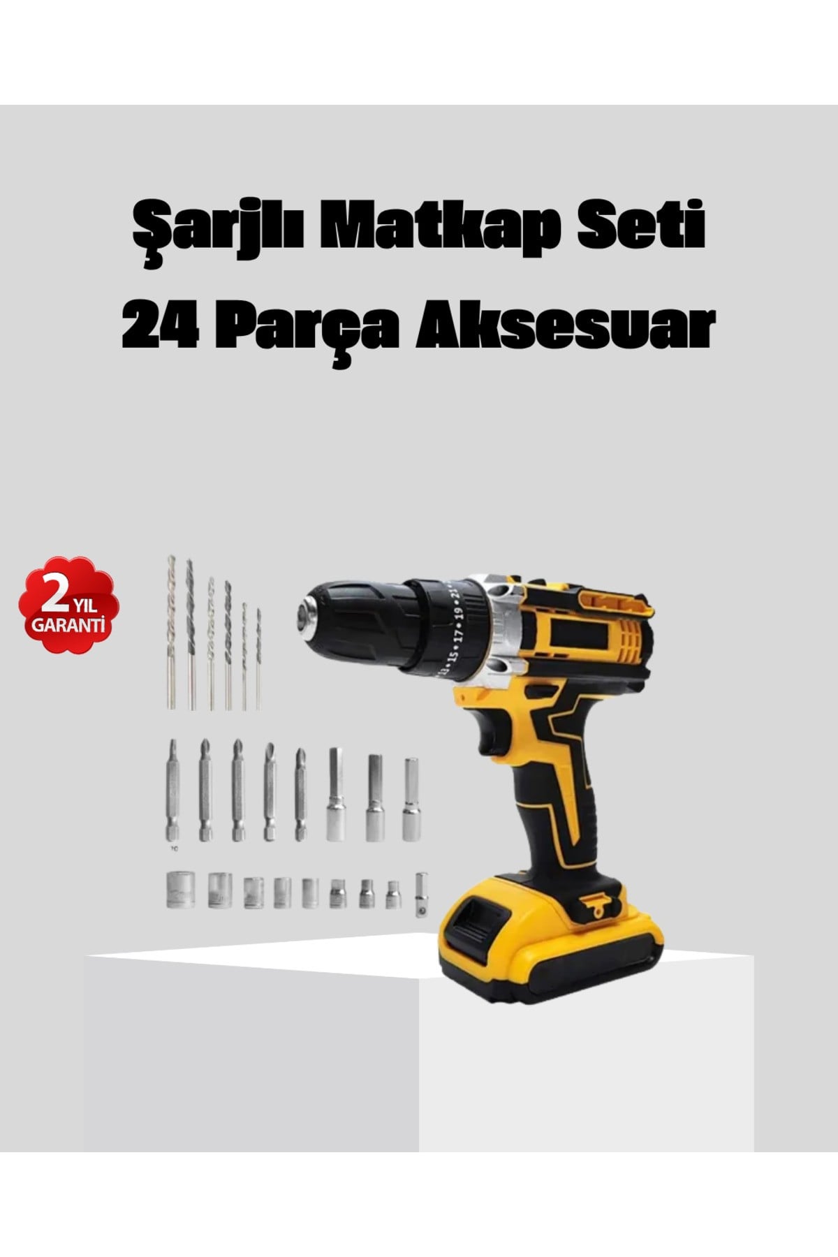24 Parça Çift Bataryalı Akülü Darbeli Matkap – Güçlü Motor, Metal Dişli, LED Işıklı