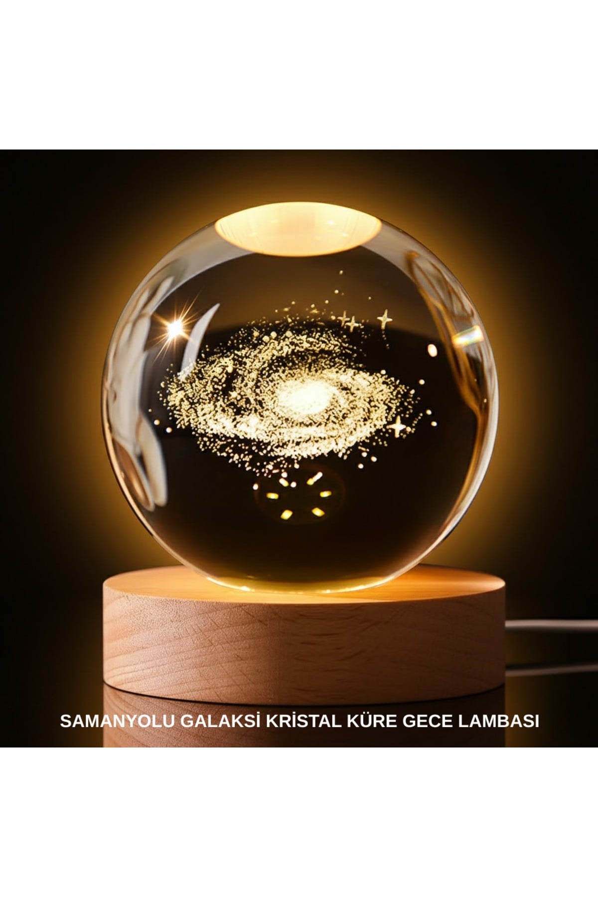 3D Samanyolu Galaksi Kristal Küre USB LED Işıklı Ahşap Standlı Gece Lambası