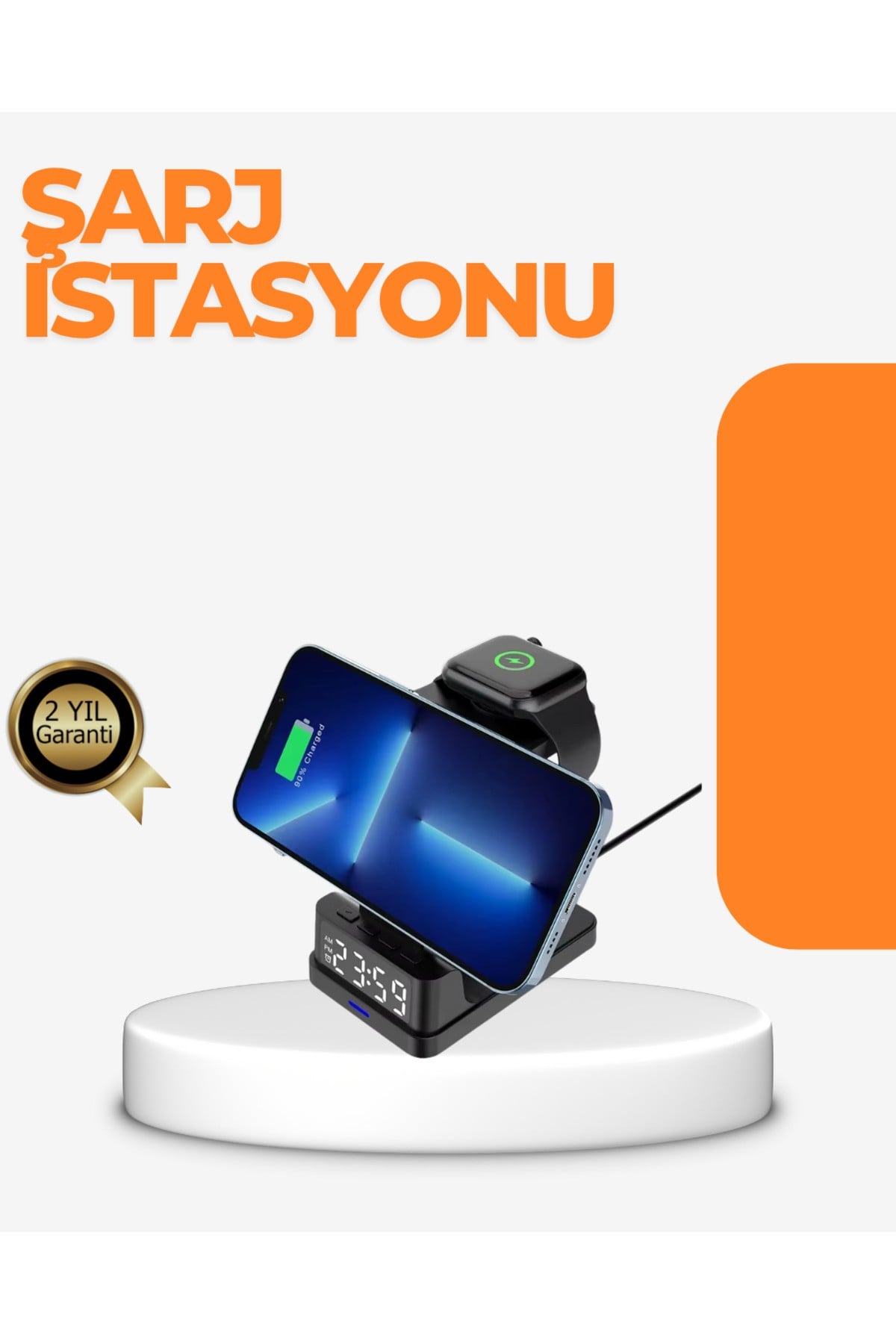 4’ü 1 Arada Kablosuz Şarj İstasyonu – LED Saat Ekranlı, Apple Uyumlu, Akıllı Güvenlik Kor