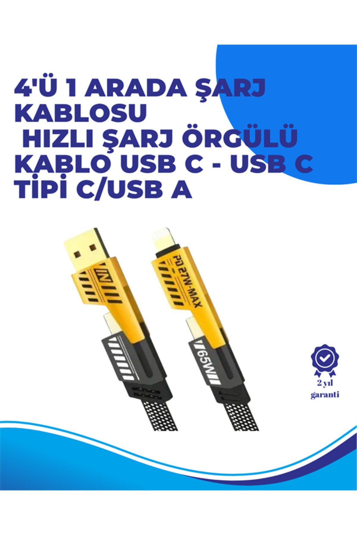 65W 4'ü 1 Arada Çoklu Şarj Kablosu – USB-C, USB-A, Lightning, Veri ve Şarj Desteği