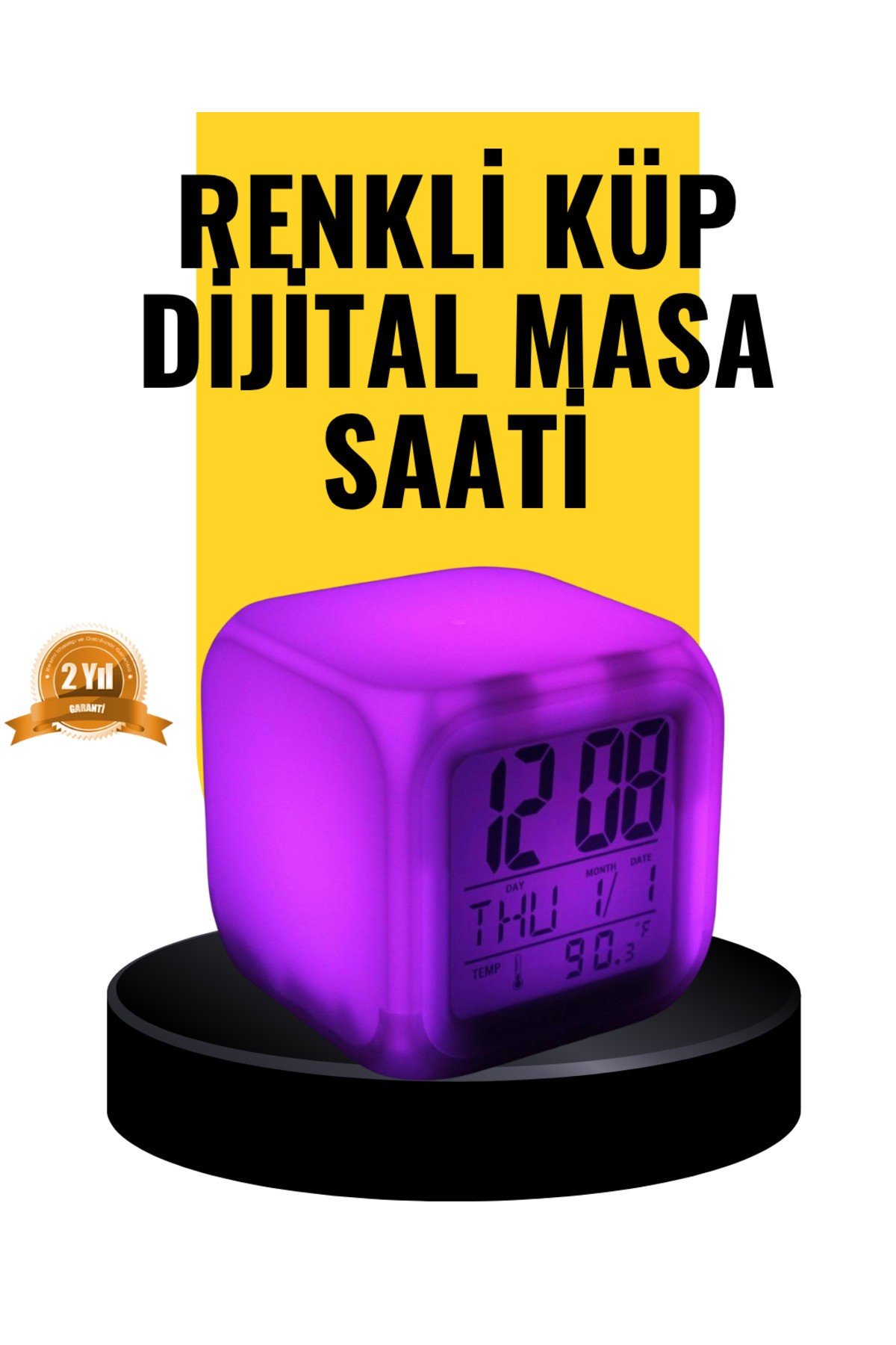 7 Renk LED Işıklı Alarmlı Dijital Küp Masa Saati Termometreli