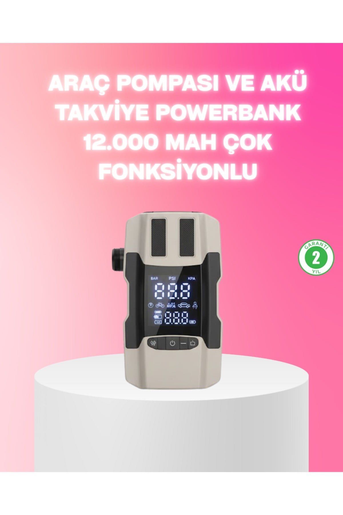 Araç Hava Pompası ve Akü Takviye Powerbank 12.000 mAh Çok Fonksiyonlu