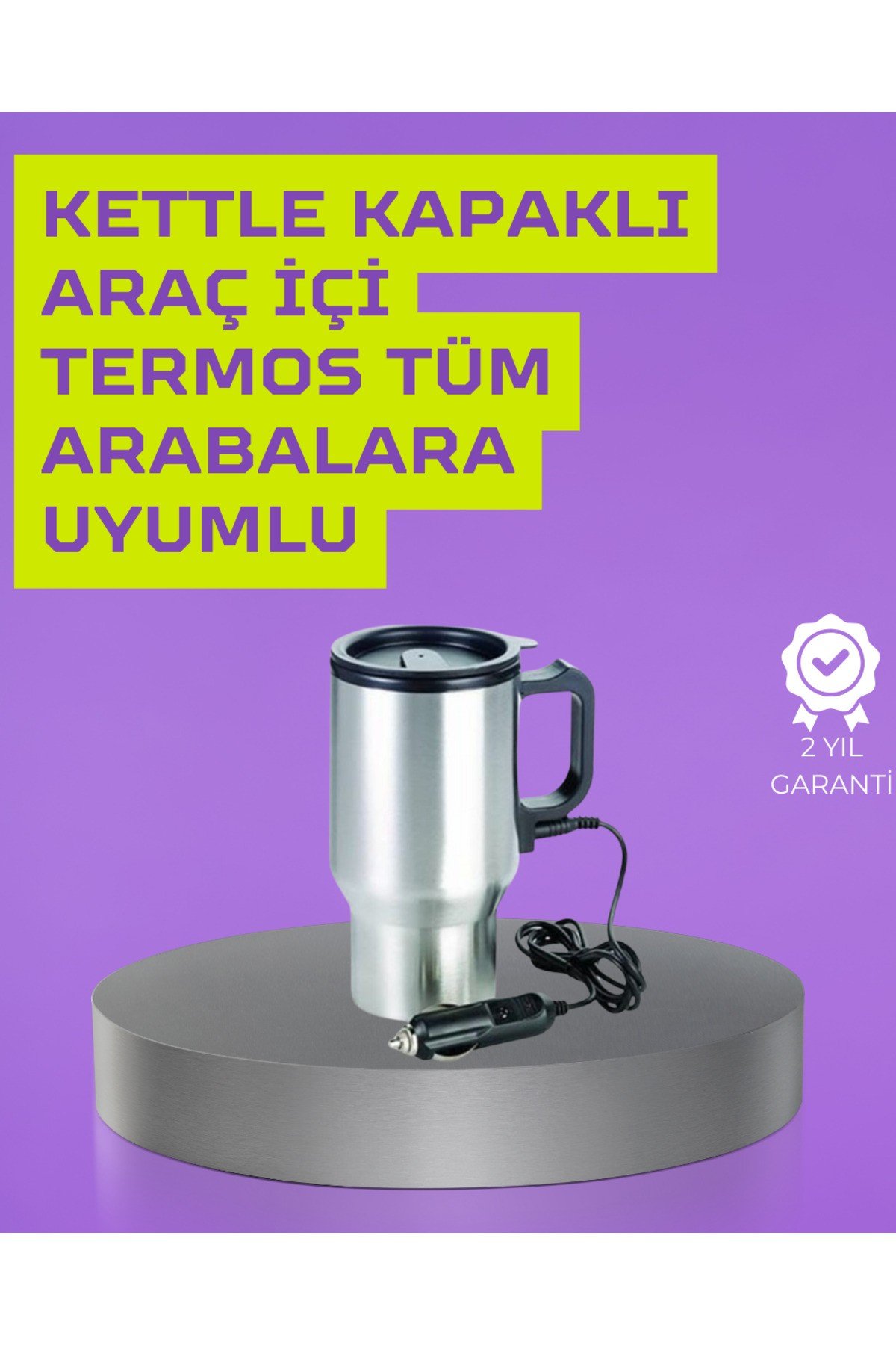 Çelik Gövdeli Araç İçi Isıtıcı Termos Bardak 450 ml Kapasiteli