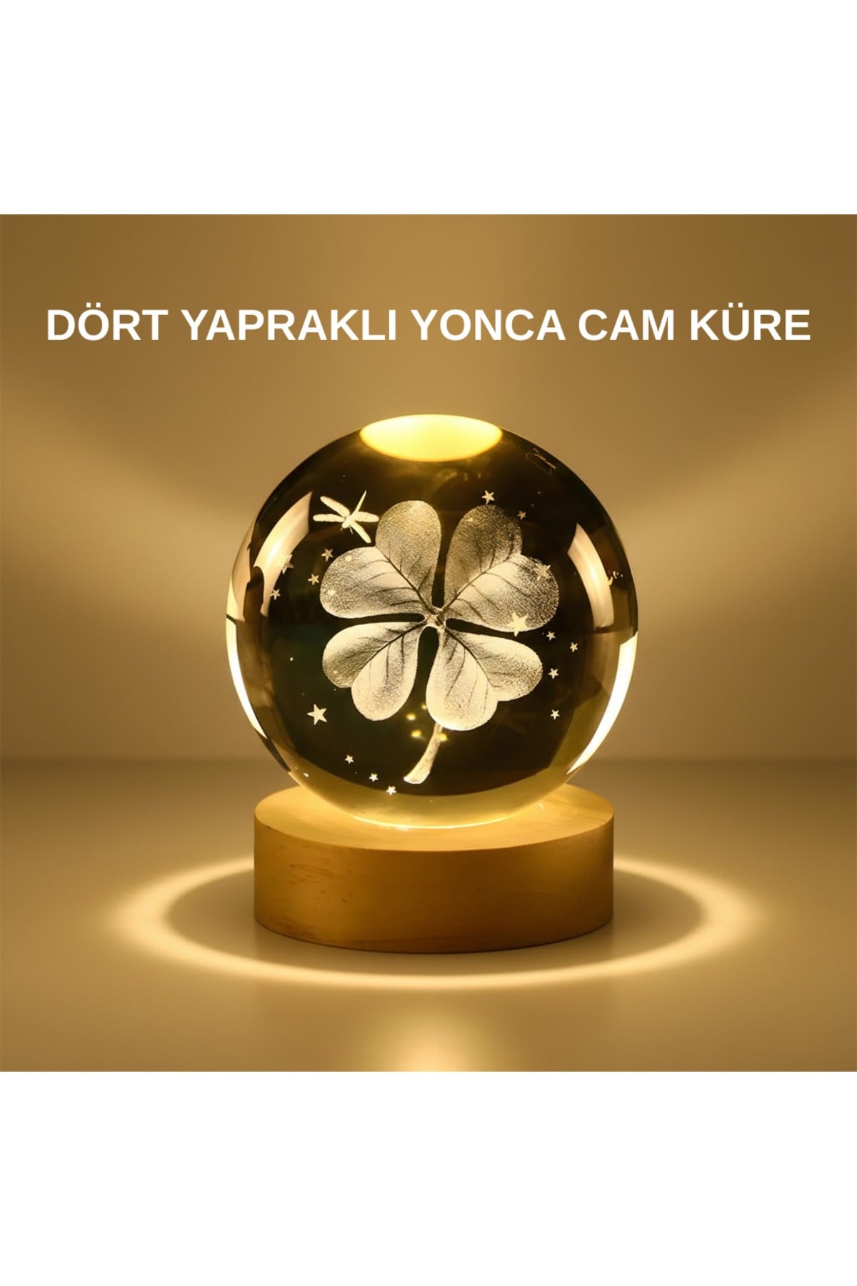 Dekoratif Yonca Görünümlü Işıklı Kristal Cam Küre USB Masa Gece Lambası