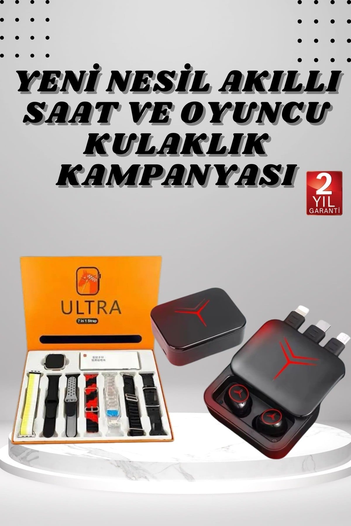 Dijital Göstergeli Powerbank Kablosuz Kulaklık ve 7 Kordonlu Yeni Nesil Akıllı Saat Dokunmatik K