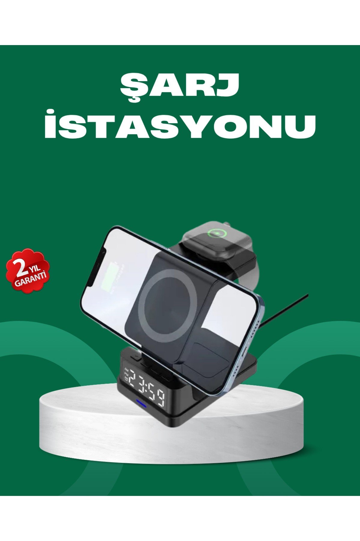 Dijital Saatli Kablosuz Şarj İstasyonu – 3’ü 1 Arada Apple Uyumlu Hızlı Şarj ve LED Ekran
