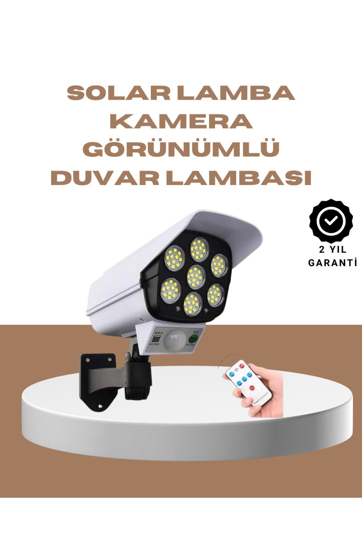 Güneş Enerjili LED Lamba + Güvenlik Kamerası Görünümlü– 5-8 m Hareket Algılamalı, Beyaz
