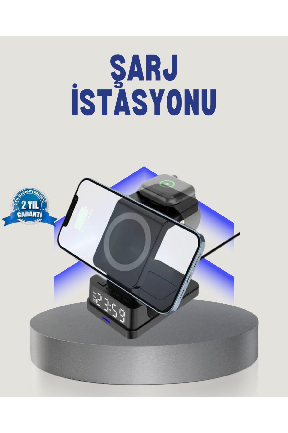 Kablosuz Şarj Cihazı ve Dijital Saat – 4’ü 1 Arada Hızlı Şarj, Apple Uyumlu, LED Işıklı