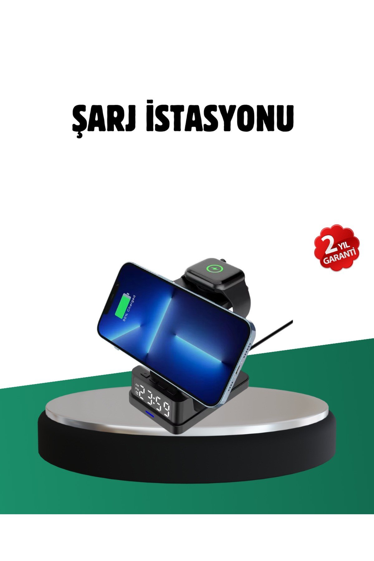 Kablosuz Şarjlı Dijital Masa Saati – 3 Parlaklık Seviyeli LED, Hızlı Şarj, Apple Uyumlu