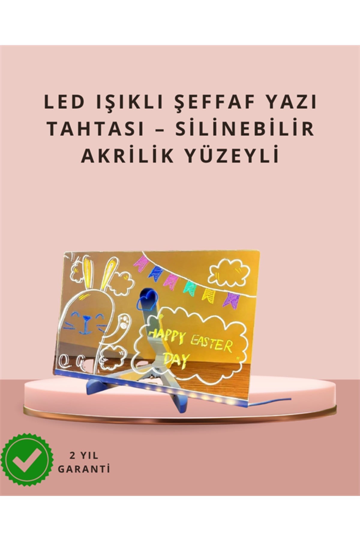 LED Işıklı Şeffaf Yazı Tahtası – Neon Etkili Akrilik Pano, Silinebilir, 7 Renkli Kalemli, 30x20 cm