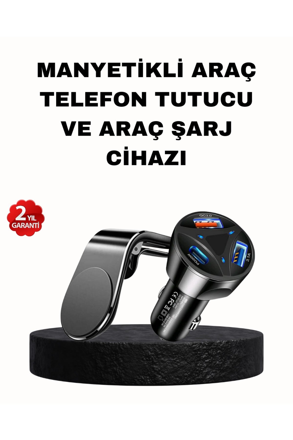 Manyetik Araç Telefon Tutucu ve Hızlı Şarj Adaptörü 2’li Set