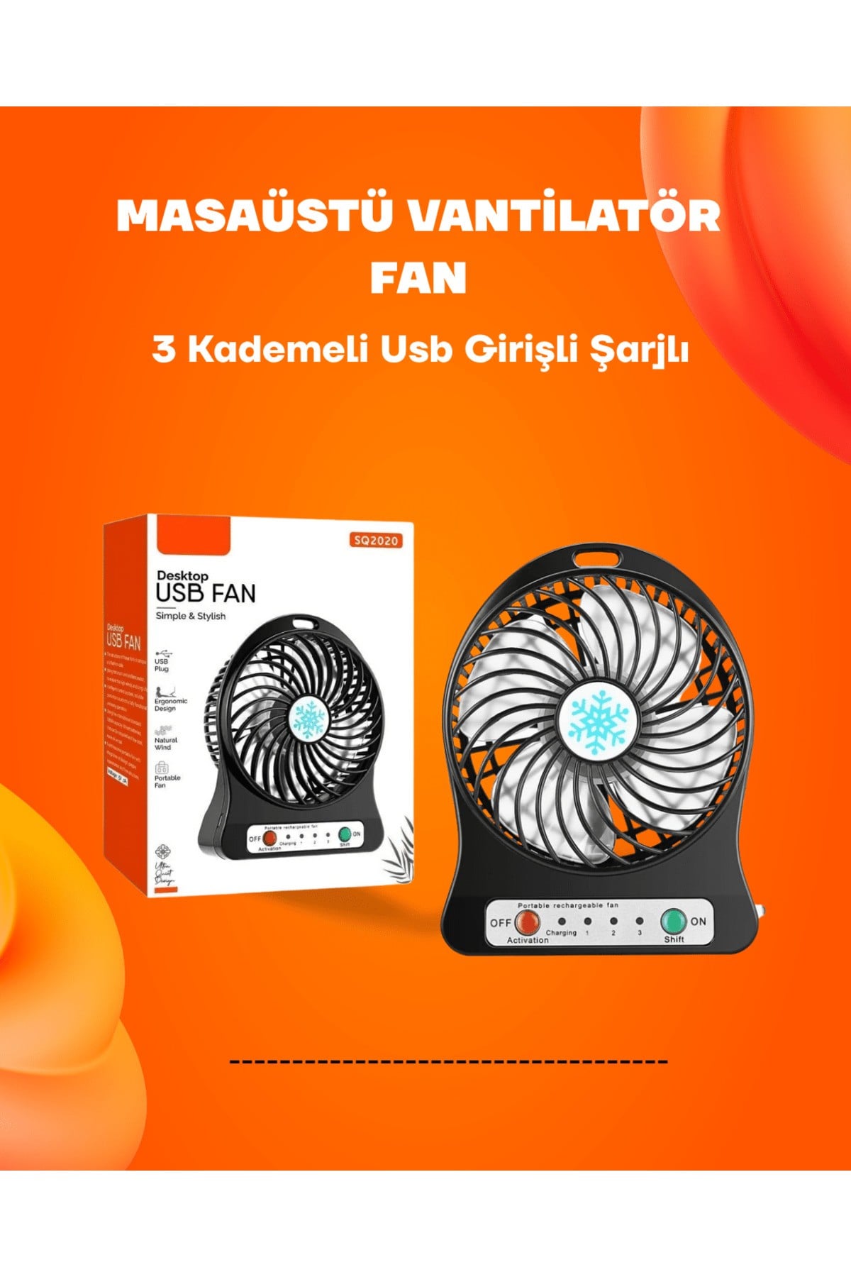 Mini Vantilatör Masaüstü – USB Girişli, Şarjlı, 3 Kademe, Sessiz Motor, Işıklı