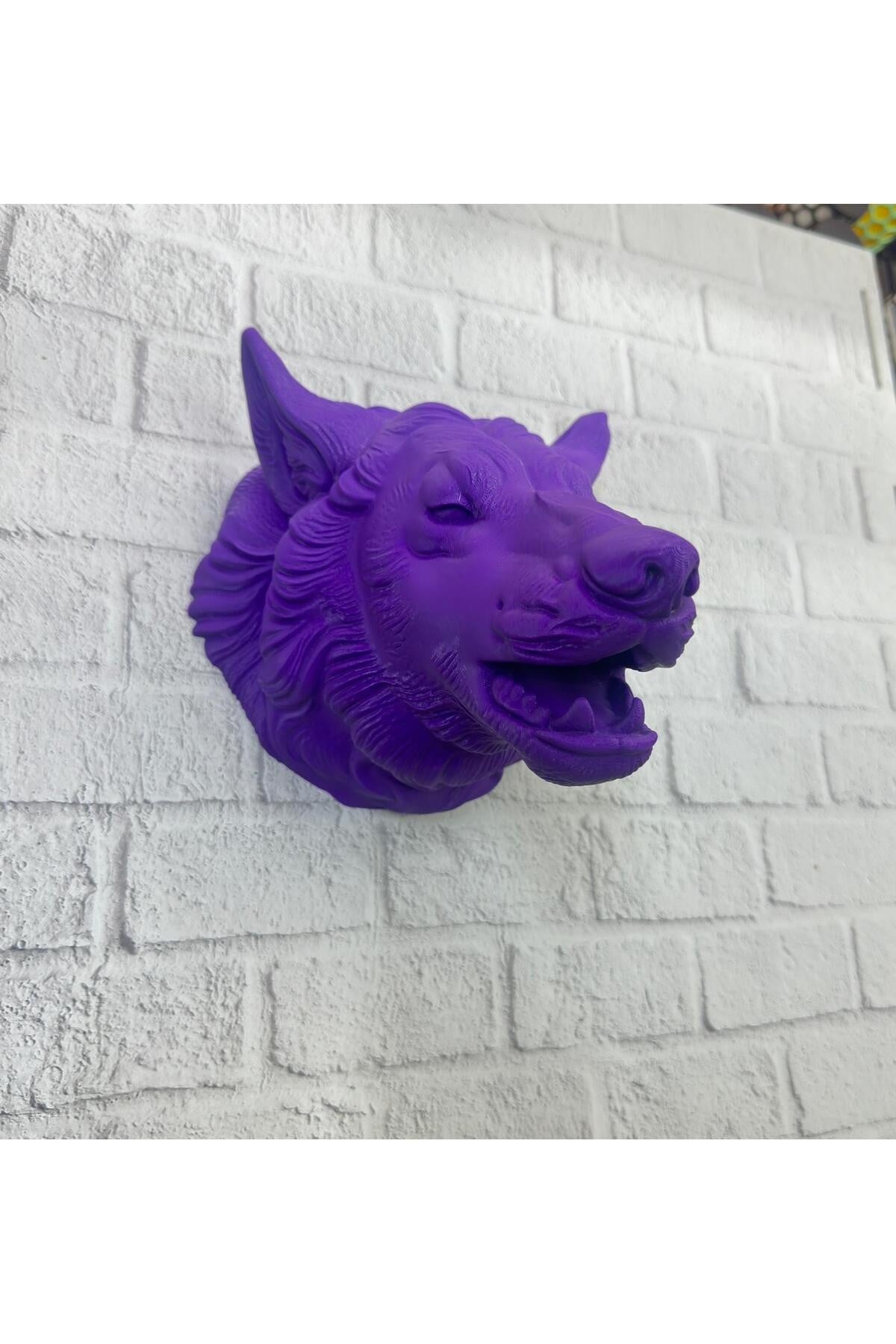 Mor Renk 3D Kurt Başı Duvar Dekoru Asılabilir Maskot Heykel 25x19 cm