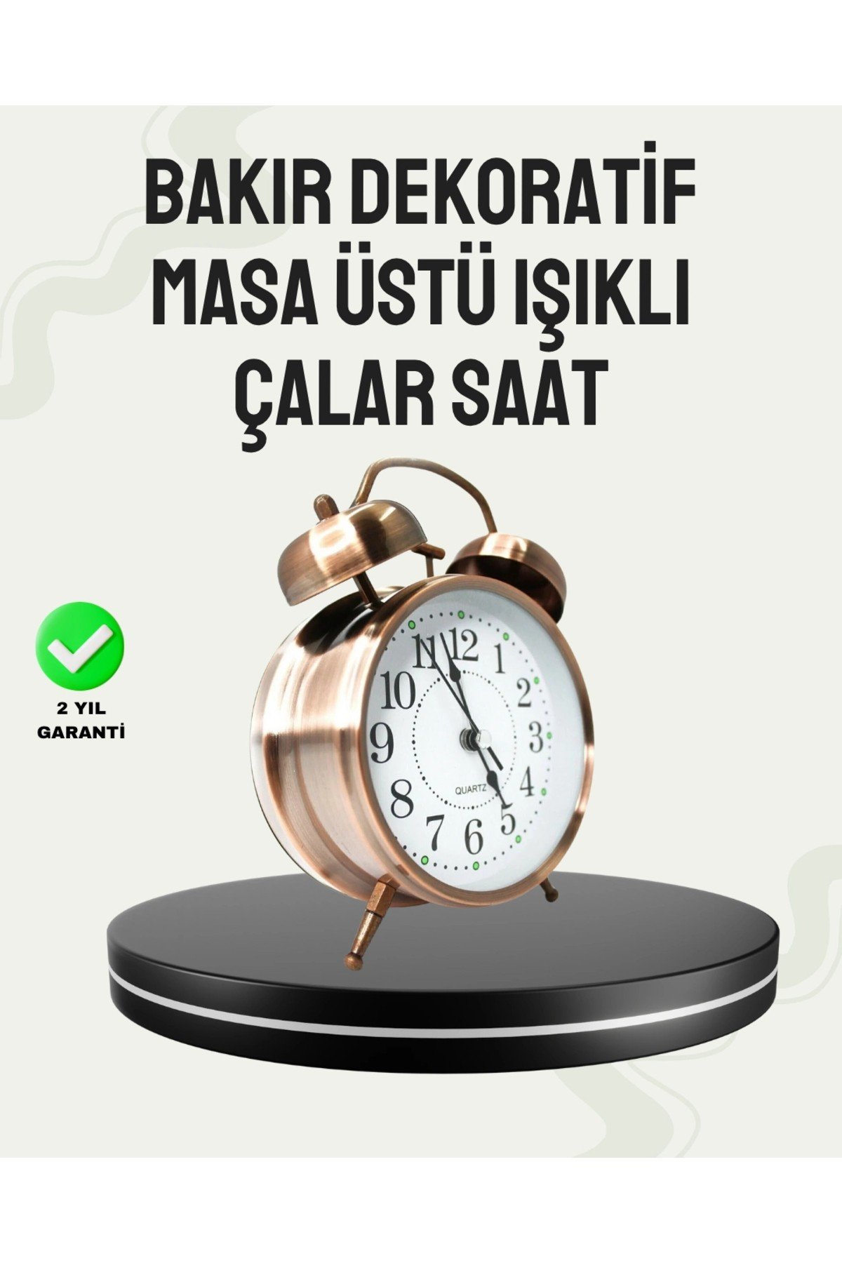 Nostaljik Büyük Boy Metal Masa Saati Bronz Kaplama ve Yüksek Sesli Alarm