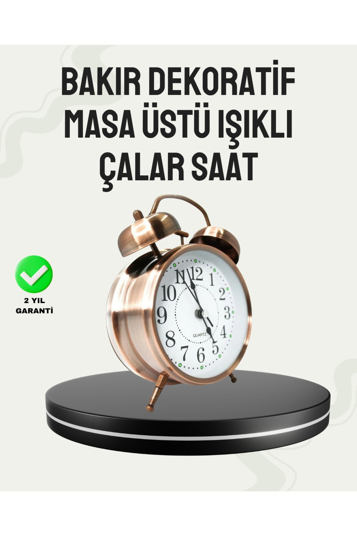 Nostaljik Büyük Boy Metal Masa Saati Bronz Kaplama ve Yüksek Sesli Alarm