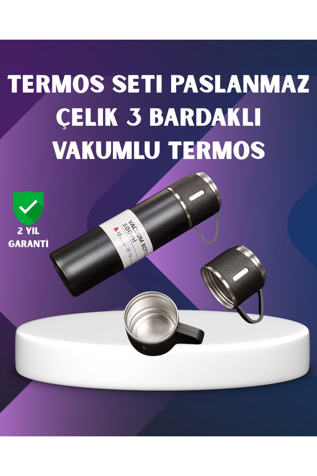Paslanmaz Termos ve İkili Bardak Seti | 6-12 Saat Sıcak/Soğuk Tutma