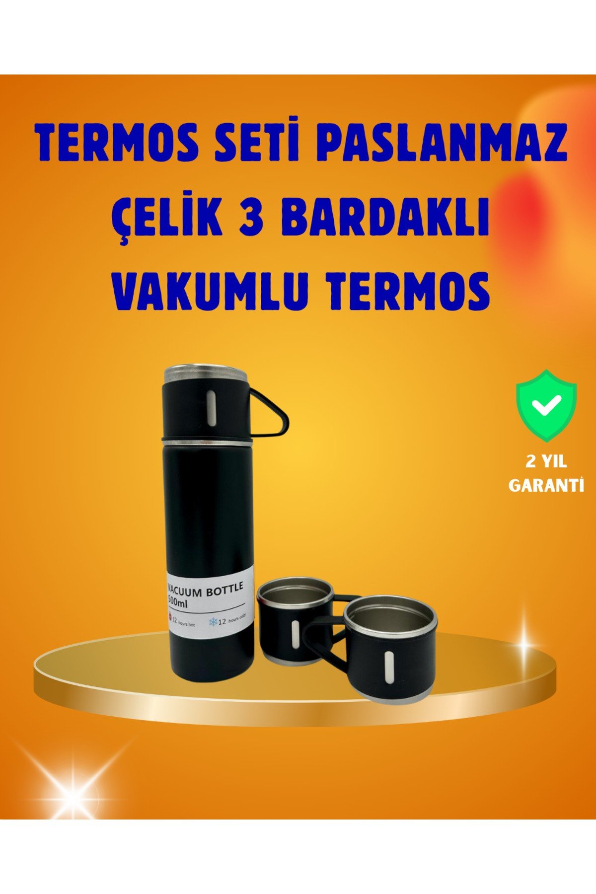 Paslanmaz Termos ve İkili Bardak Seti | 6-12 Saat Sıcak/Soğuk Tutma