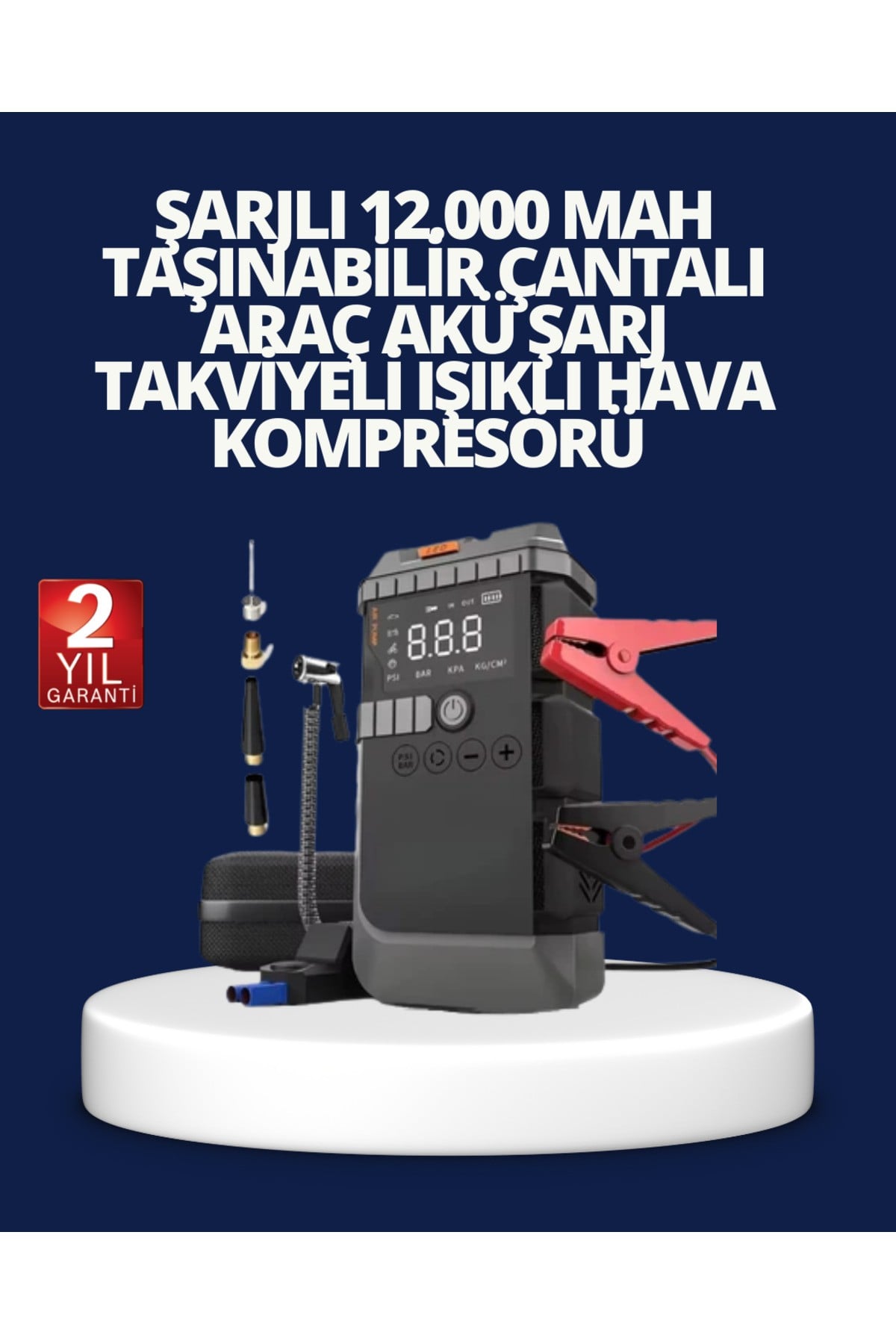Şarjlı 12000 mAh Araç Akü Takviye ve Hava Kompresörü 4’ü 1 Arada