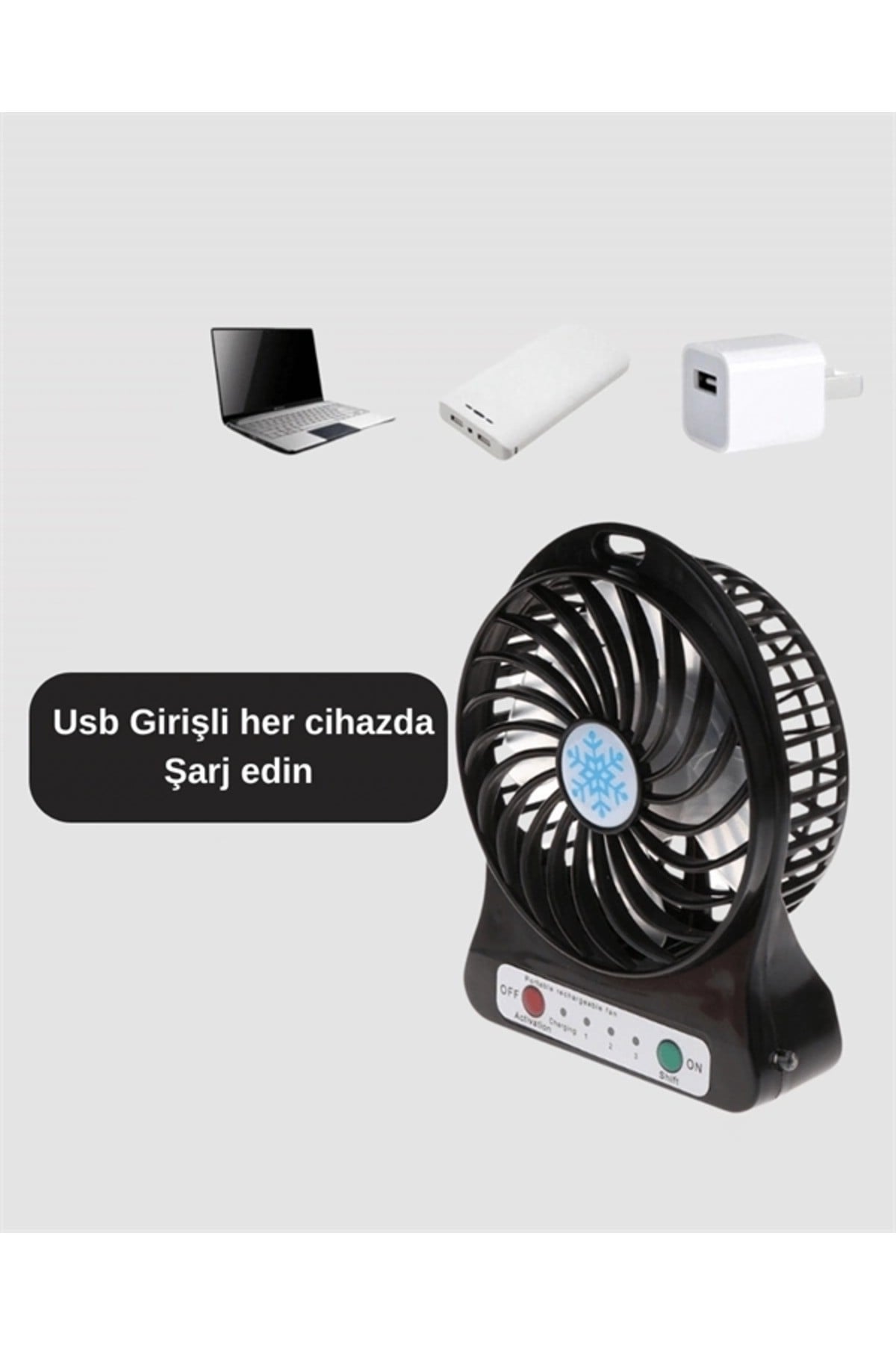 Şarjlı USB Fan – Masaüstü Mini Vantilatör, Taşınabilir, Işıklı, 3 Kademeli, Sessiz