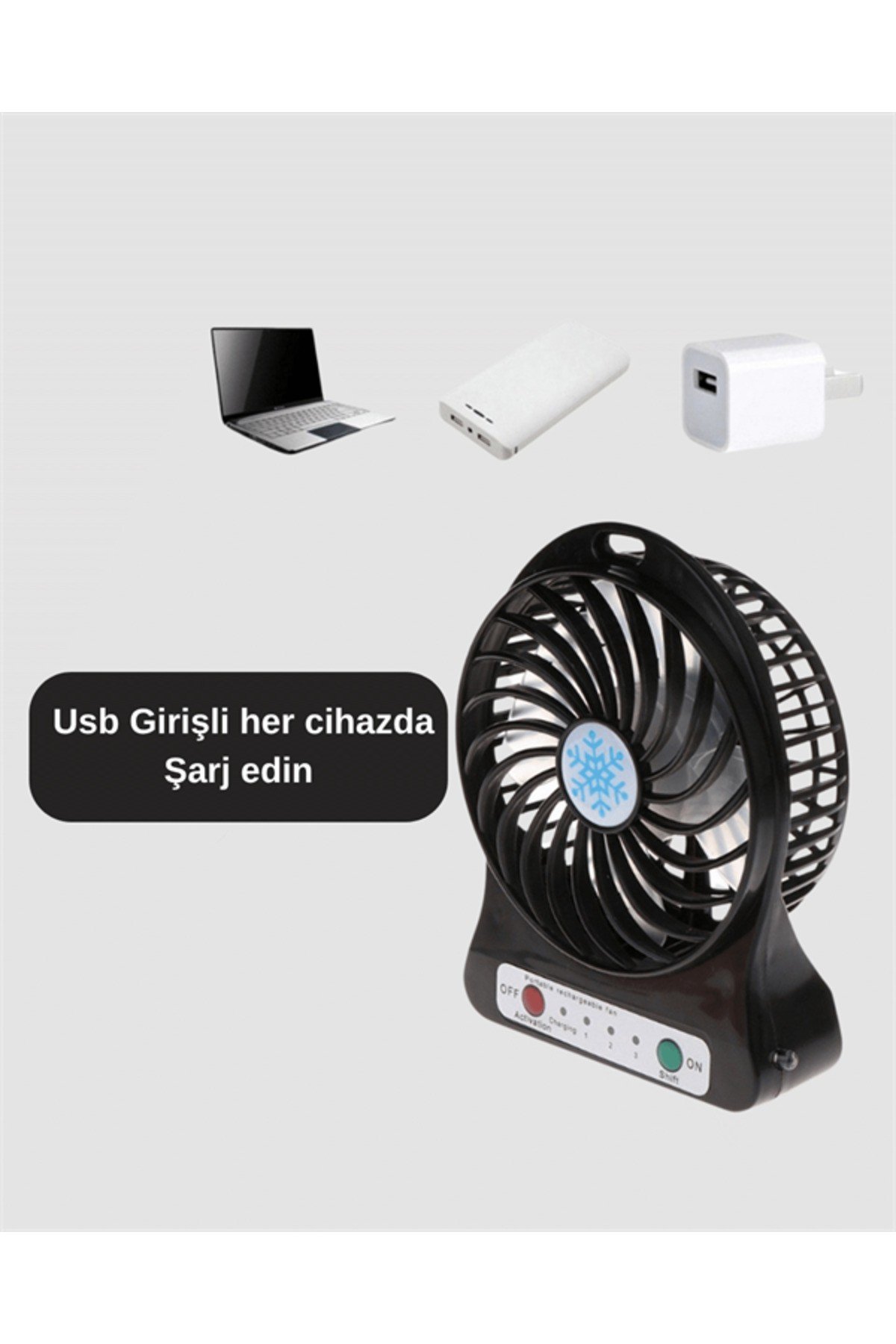 Şarjlı USB Fan – Masaüstü Mini Vantilatör, Taşınabilir, Işıklı, 3 Kademeli, Sessiz