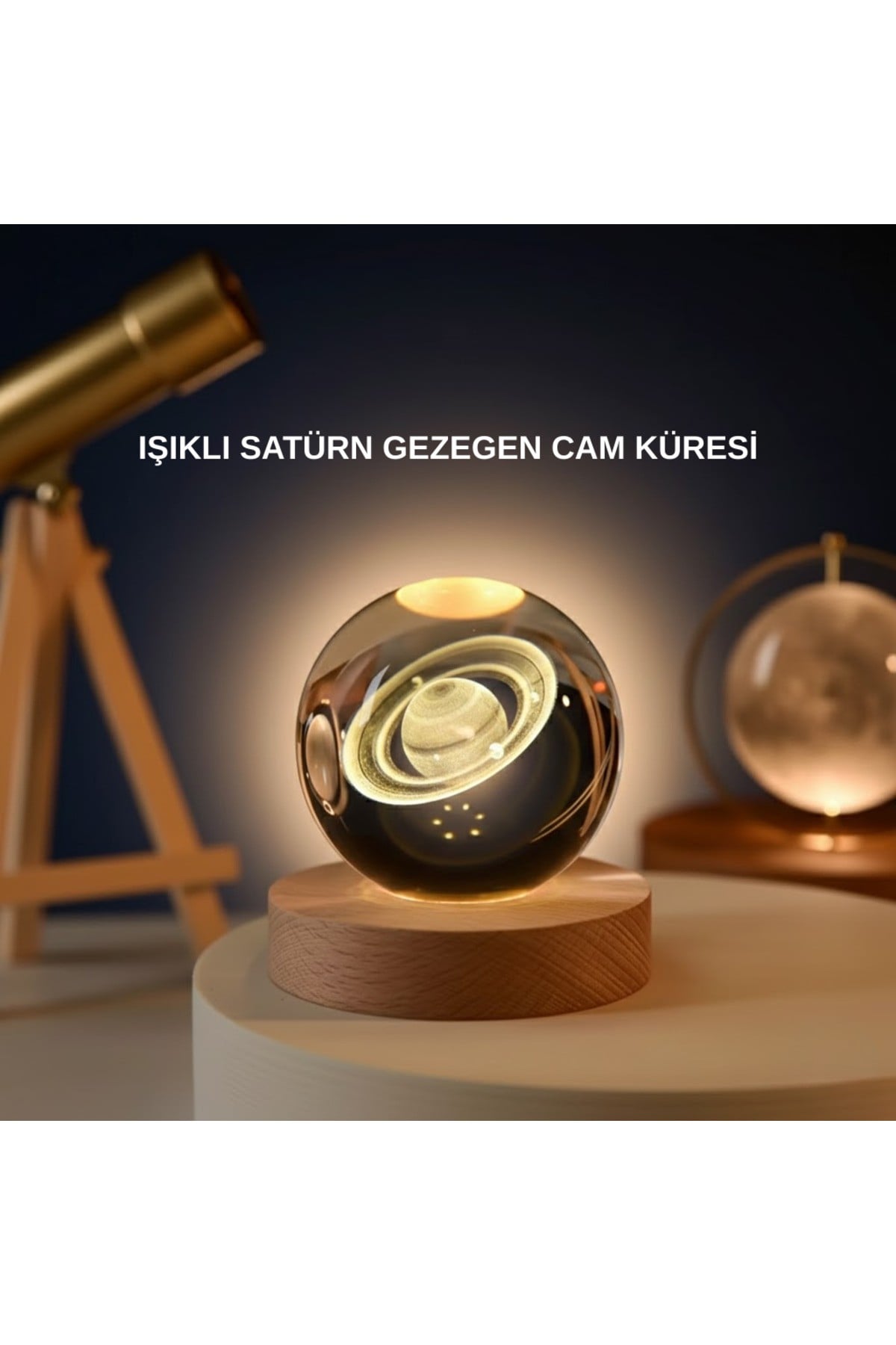 Satürn Gezegenli Kristal Küre LED Lamba USB’li Ahşap Standlı