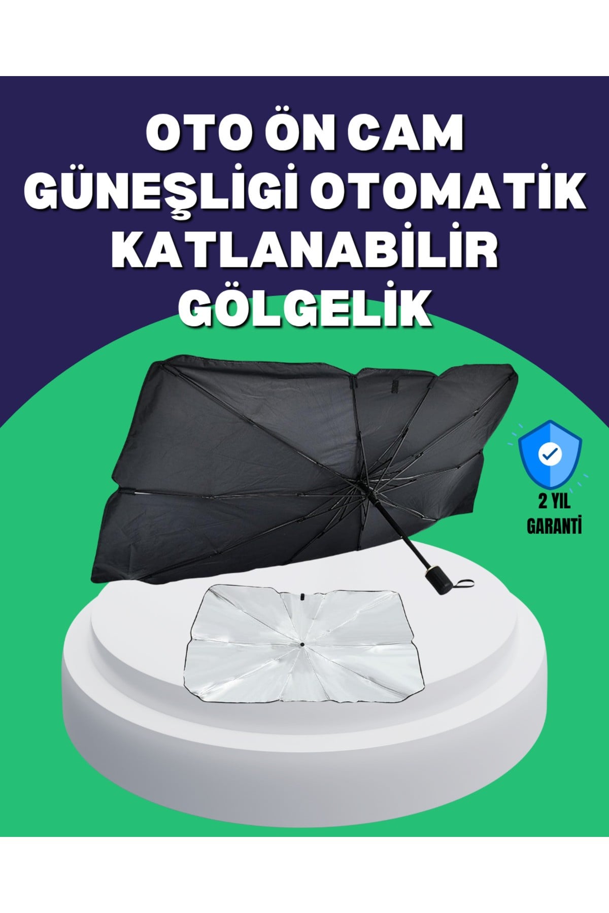Şemsiye Tasarımlı Katlanabilir Araç Güneşliği – Geniş Uyumlu, UV Koruma