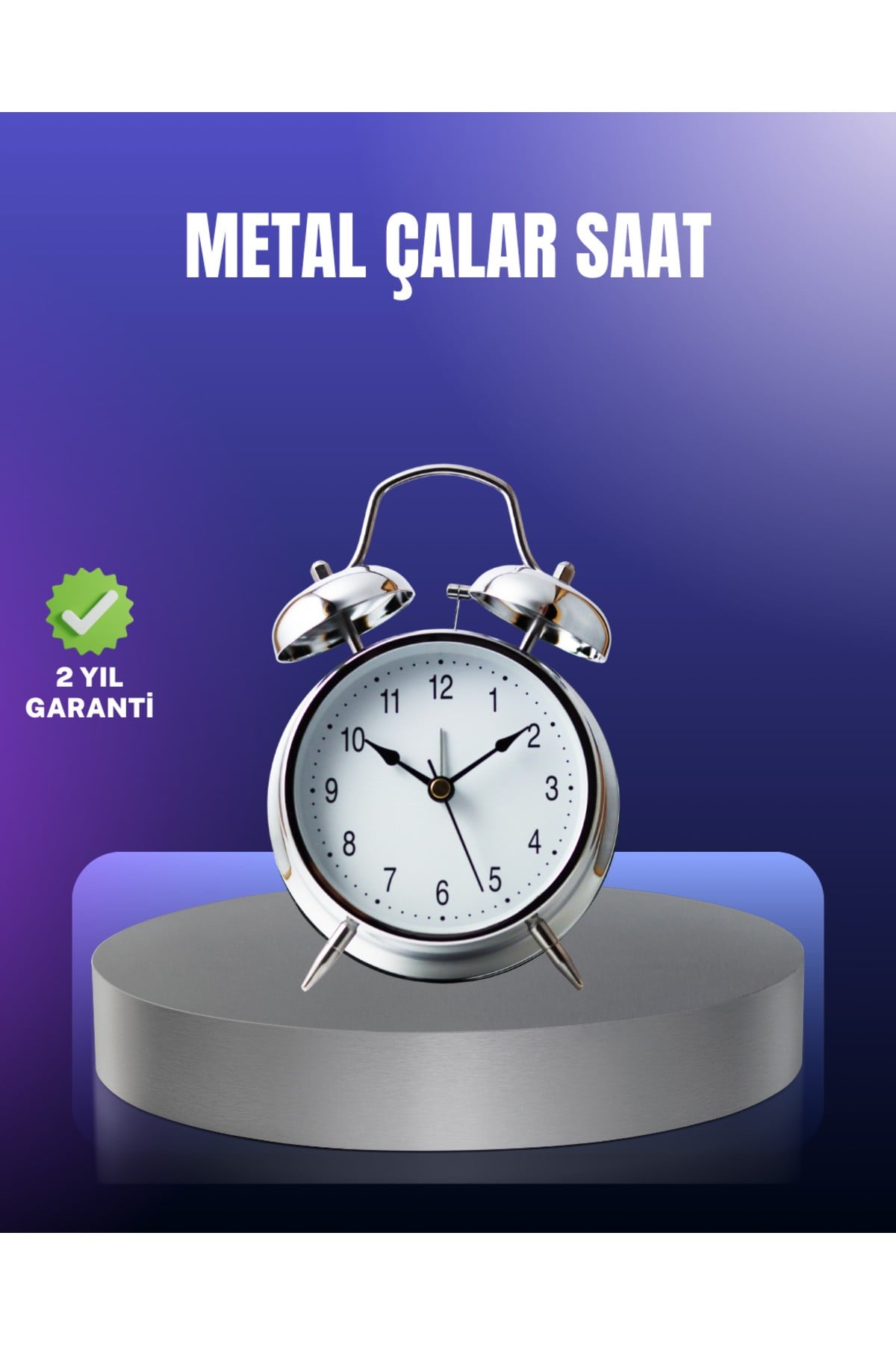 Yuvarlak Gümüş Dekoratif Işıklı Masa Üstü Saat Alarmlı Sessiz Çalışma
