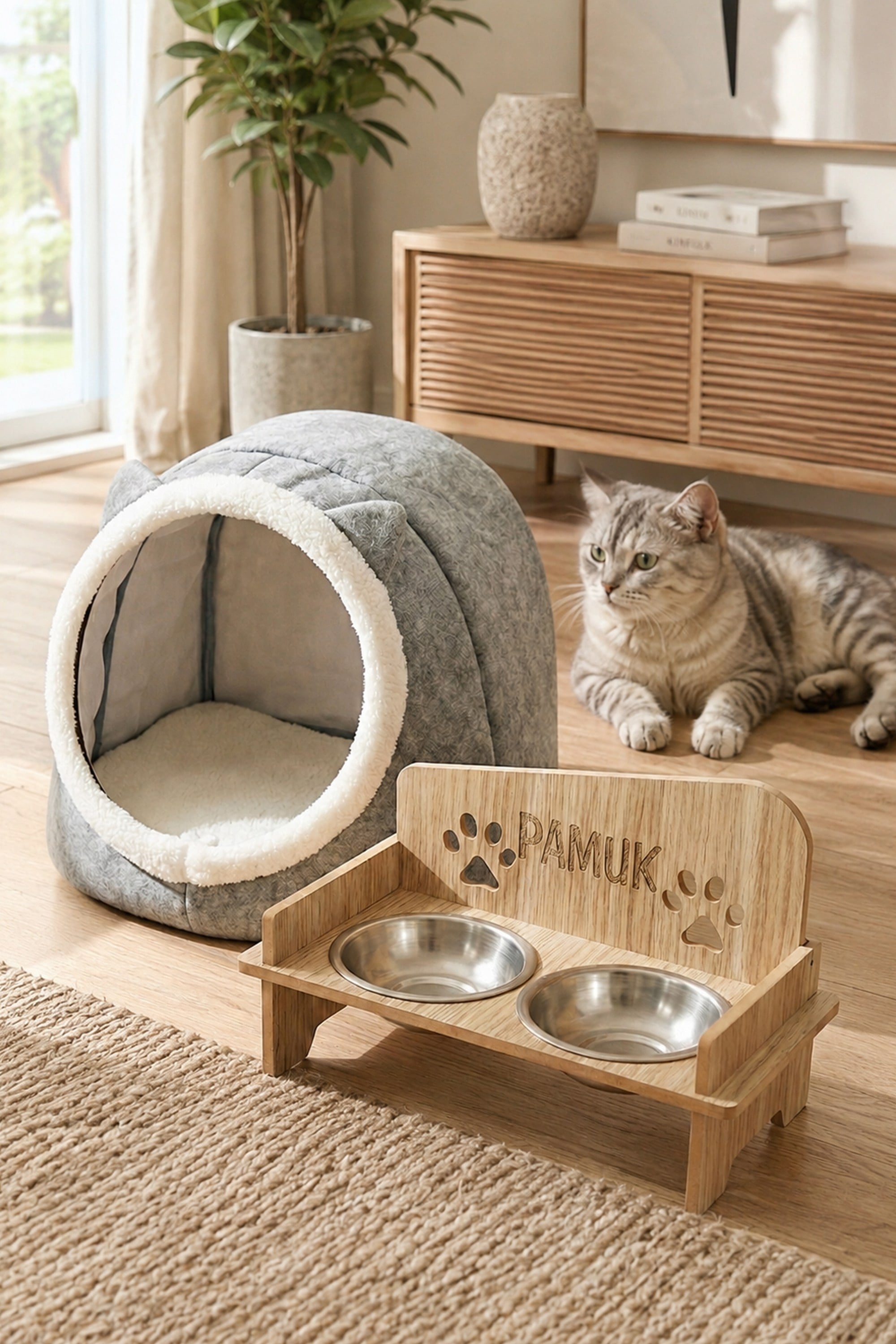 İsim Yazılabilir Kare Mama Kabı Ve Keçe Kedi ve Küçük Irk Köpek Evi Seti Gri