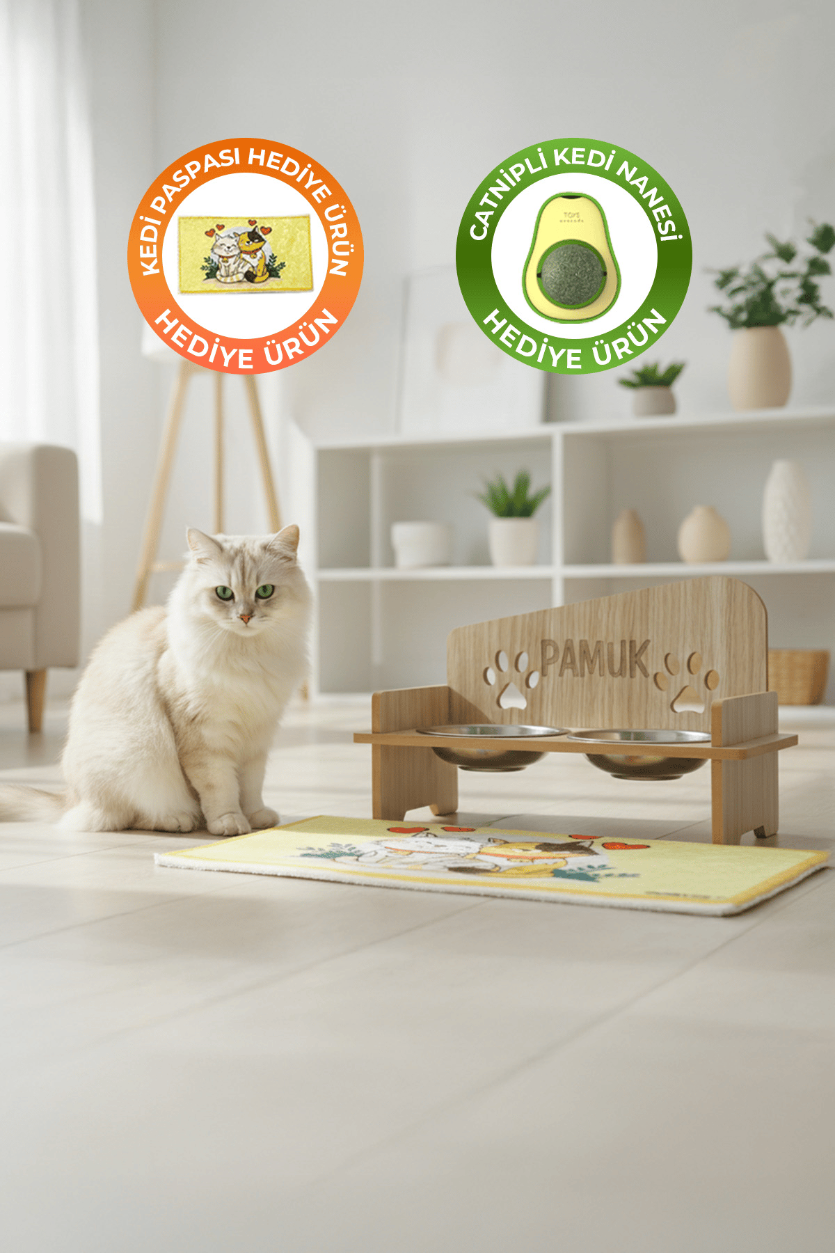 İsme Özel Pati Mama Kabı 2 Kaseli Kedi Köpek Suluk Mamalık, Paspas ve  Avokado Kedi Nanesi Hediye